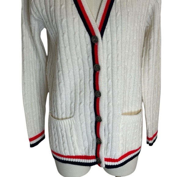 VINTAGE Brownstone Studio Red White Blue Preppy Cardigan Cable Knit Sweater Sz M - Picture 4 of 7